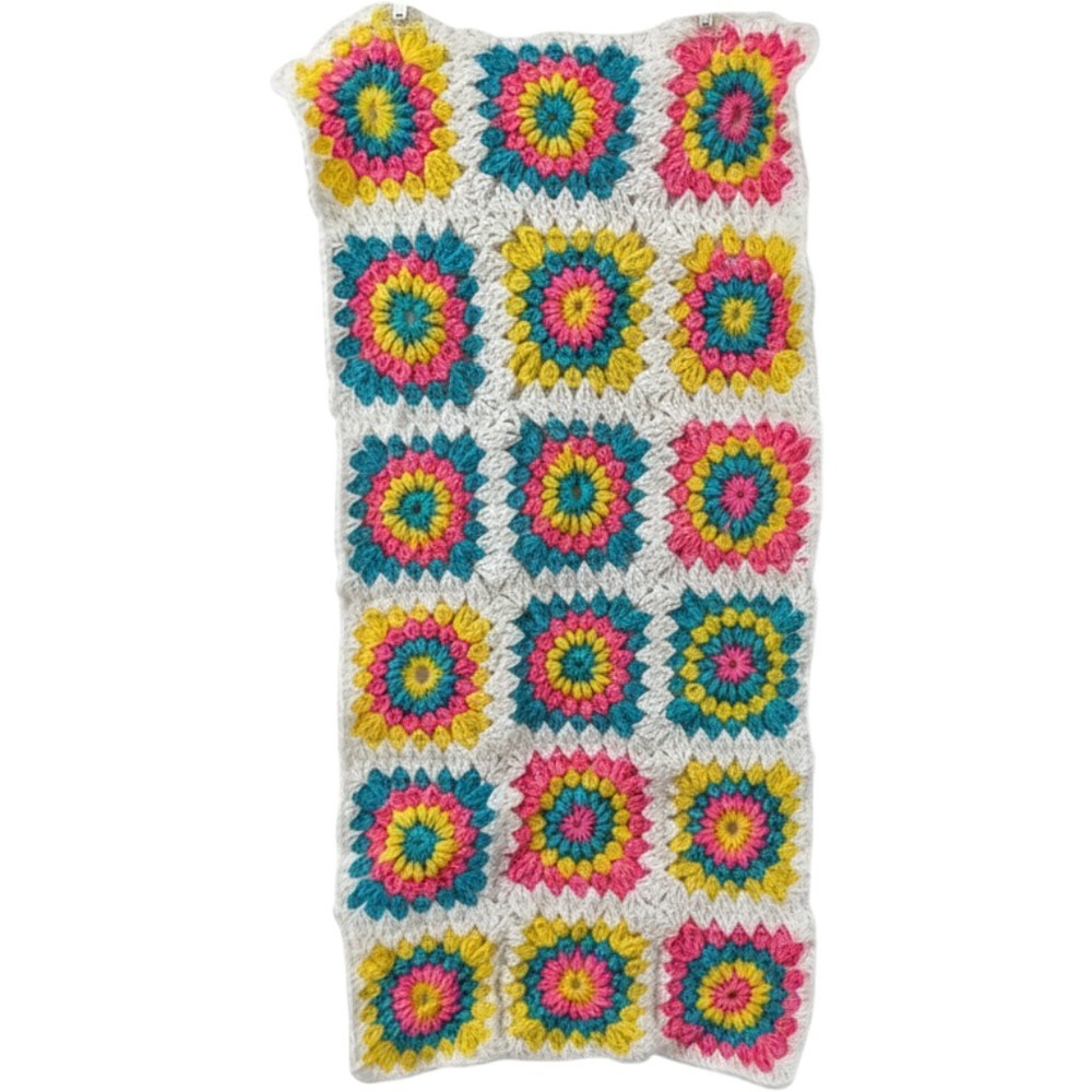 Handmade Granny Square Crochet Scarf Pink Yellow Blue White Boho Retro